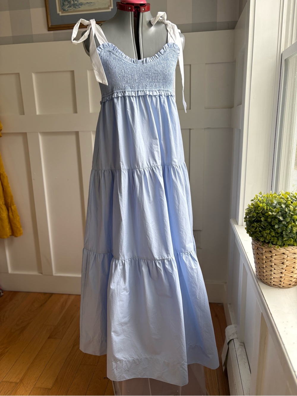 Smocked Light Blue Maxi Dress with Tie Shoulder Straps Large
